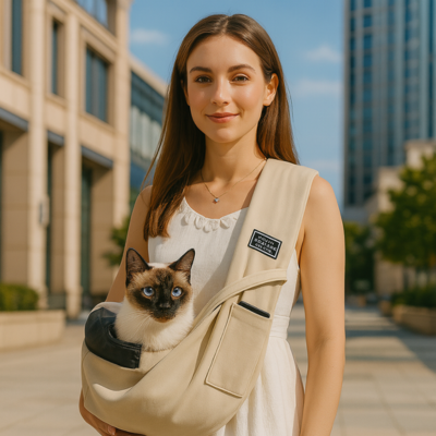 sac de transport chat à bandoulière beige avec chat