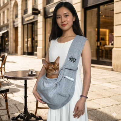 sac de transport chat à bandoulière gris avec chat
