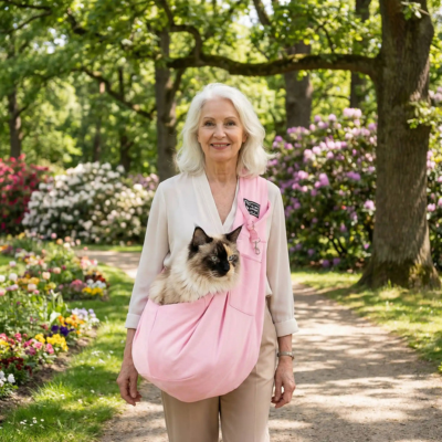 sac de transport chat à bandoulière rose avec chat