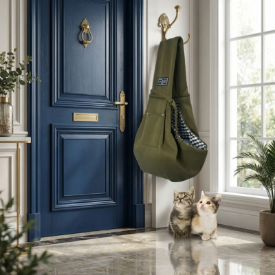 sac de transport chat à bandoulière vert avec chatons