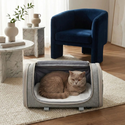 sac de transport chat Avion gris ouvert avec chat