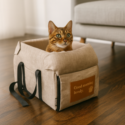 sac de transport pour chat En Voiture beige avec chat