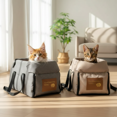 sac de transport pour chat En Voiture beige et gris avec chats