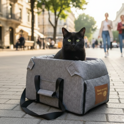 sac de transport pour chat En Voiture gris avec chat noir