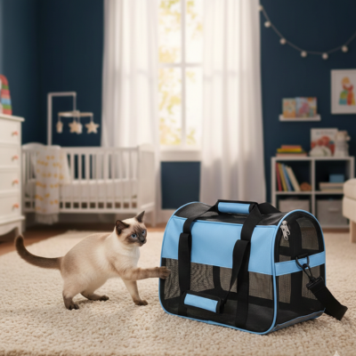 sac de transport chat portable bleu avec chat siamois