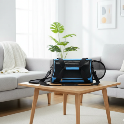sac de transport chat portable bleu ouvert