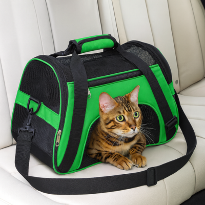 sac de transport chat portable vert avec chat