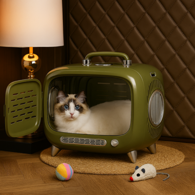 sac de transport chat Télé Rétro kaki avec chat
