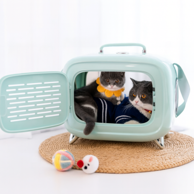 sac de transport chat Télé Rétro vert mousse avec chats