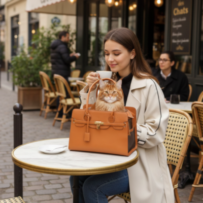 sac de transport pour chat Cuir de Luxe miel avec chat