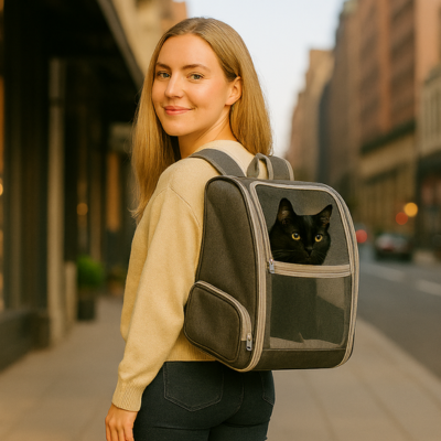 sac tansport chat transfrontalier gris avec chat