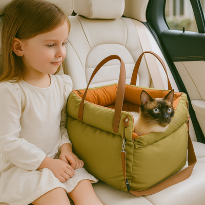 siège auto chat En Voiture caramel sur la banquette arrière