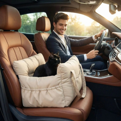 siège auto chat En Voiture beige sur la banquette avant