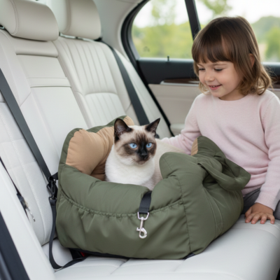 siège auto chat En Voiture vert sur la banquette arrière