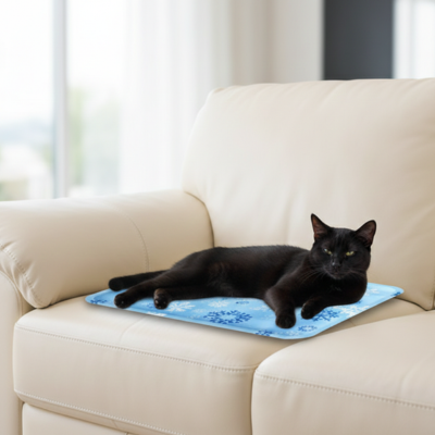 tapis rafraîchissant chat polaire bleu sur canapé
