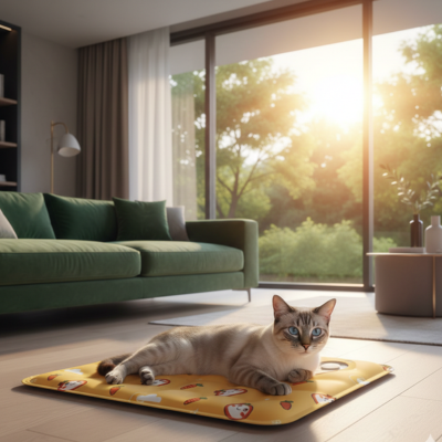 tapis rafraîchissant chat polaire jaune au sol