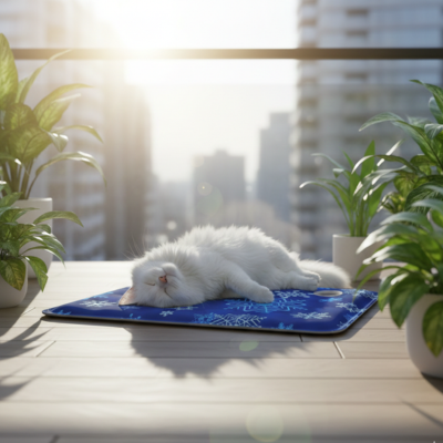 tapis rafraîchissant chat polaire marine sur balcon