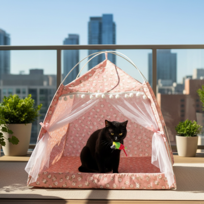 tente pour chat Chalet rose sur le balcon