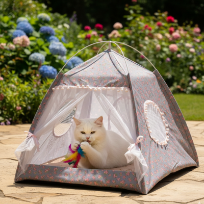 tente pour chat grise à l'extérieur