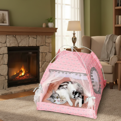 tente pour chat pliable design rose au sol