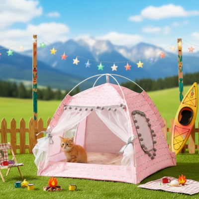 tente pour chat pliable rose à l'extérieur