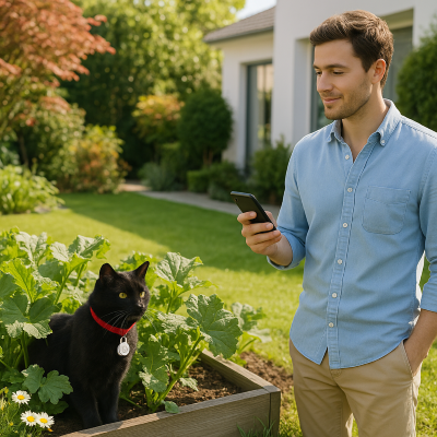 traceur gps chat et homme au jardin