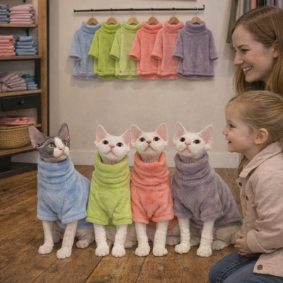 vêtements pour chats sphynx couleurs disponibles sur cintres