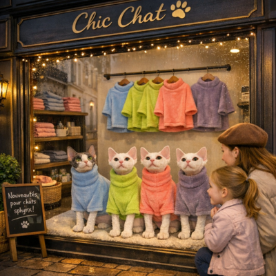 vêtements pour chats sphynx couleurs disponibles en vitrine