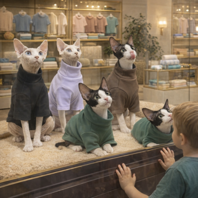 vêtements pour chat sphynx en coton couleurs disponibles en vitrine