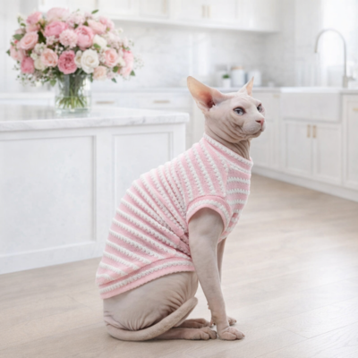 vêtements pour chat sphynx rayé rose sur chat